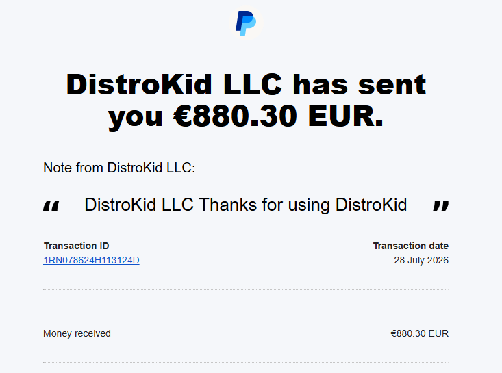 DistroKid royalty payout of 880.30 EUR