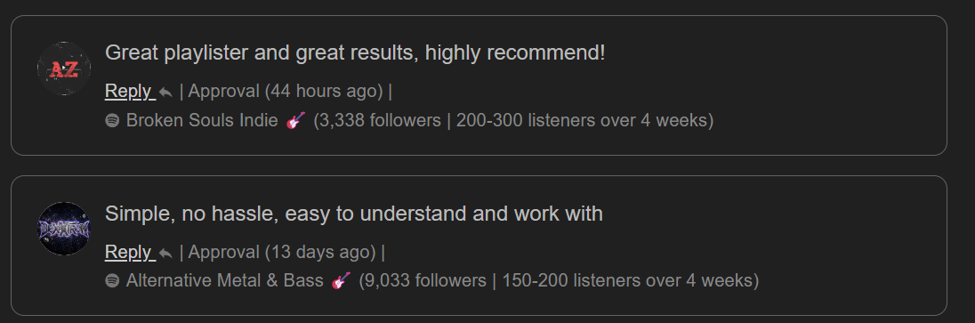 Artist feedback after submitting